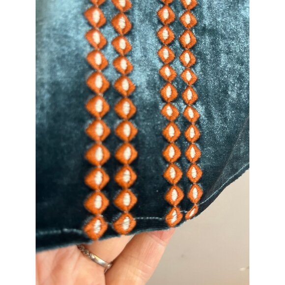 Boho Velvet Floral Top S Blue Bold Embroidery Classic Modern Chic Artsy Luxury - Picture 5 of 12